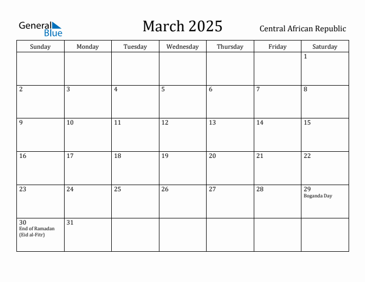 March 2025 Calendar Central African Republic