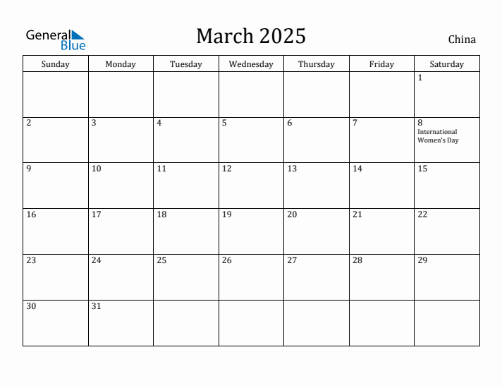 March 2025 Monthly Calendar with China Holidays