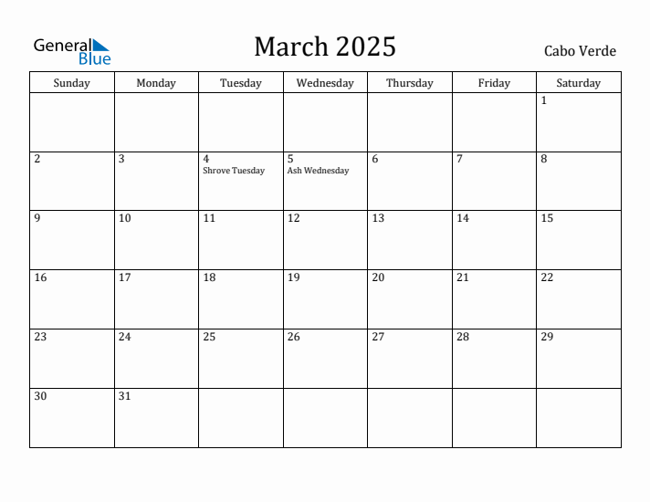 March 2025 Calendar Cabo Verde