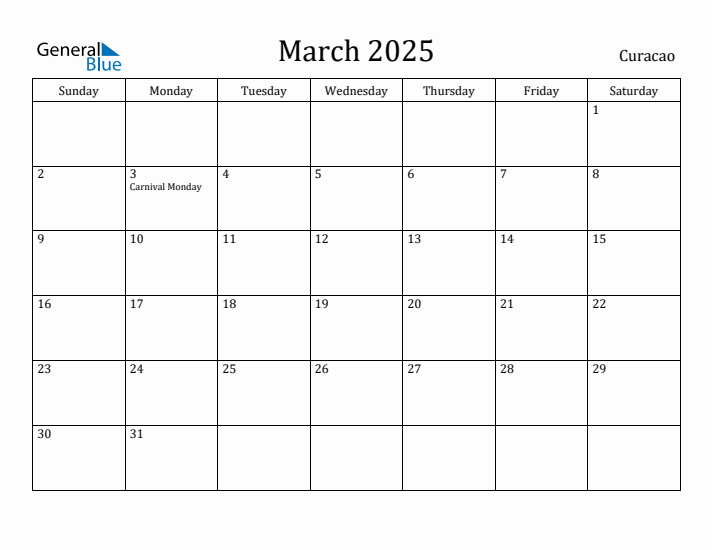 March 2025 Calendar Curacao