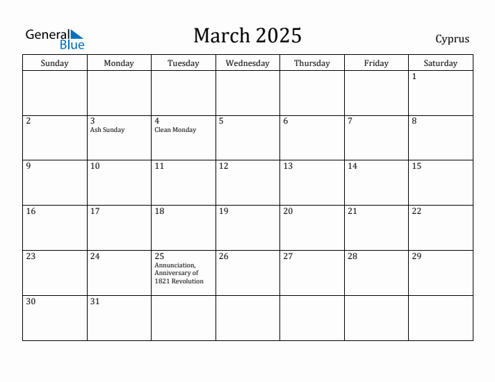 March 2025 Calendar Cyprus