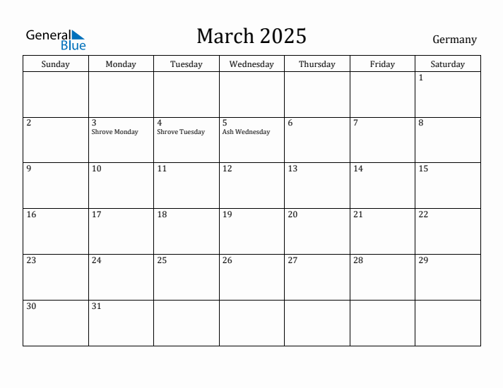 March 2025 Calendar Germany
