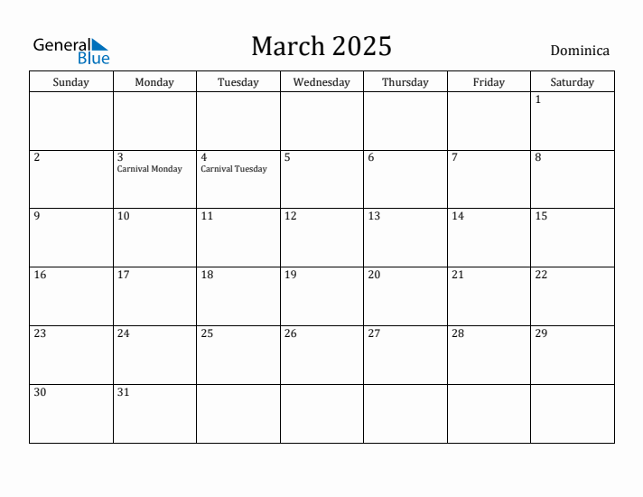 March 2025 Calendar Dominica