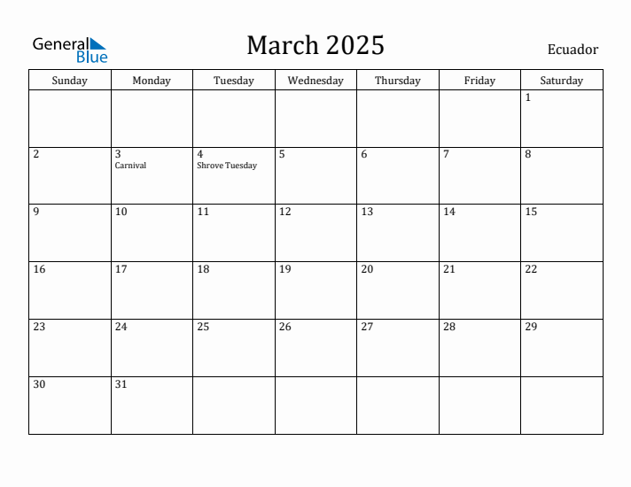 March 2025 Calendar Ecuador