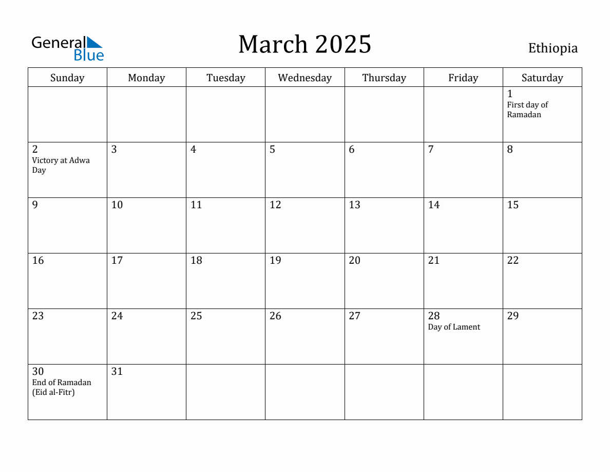 March 2025 Monthly Calendar with Ethiopia Holidays