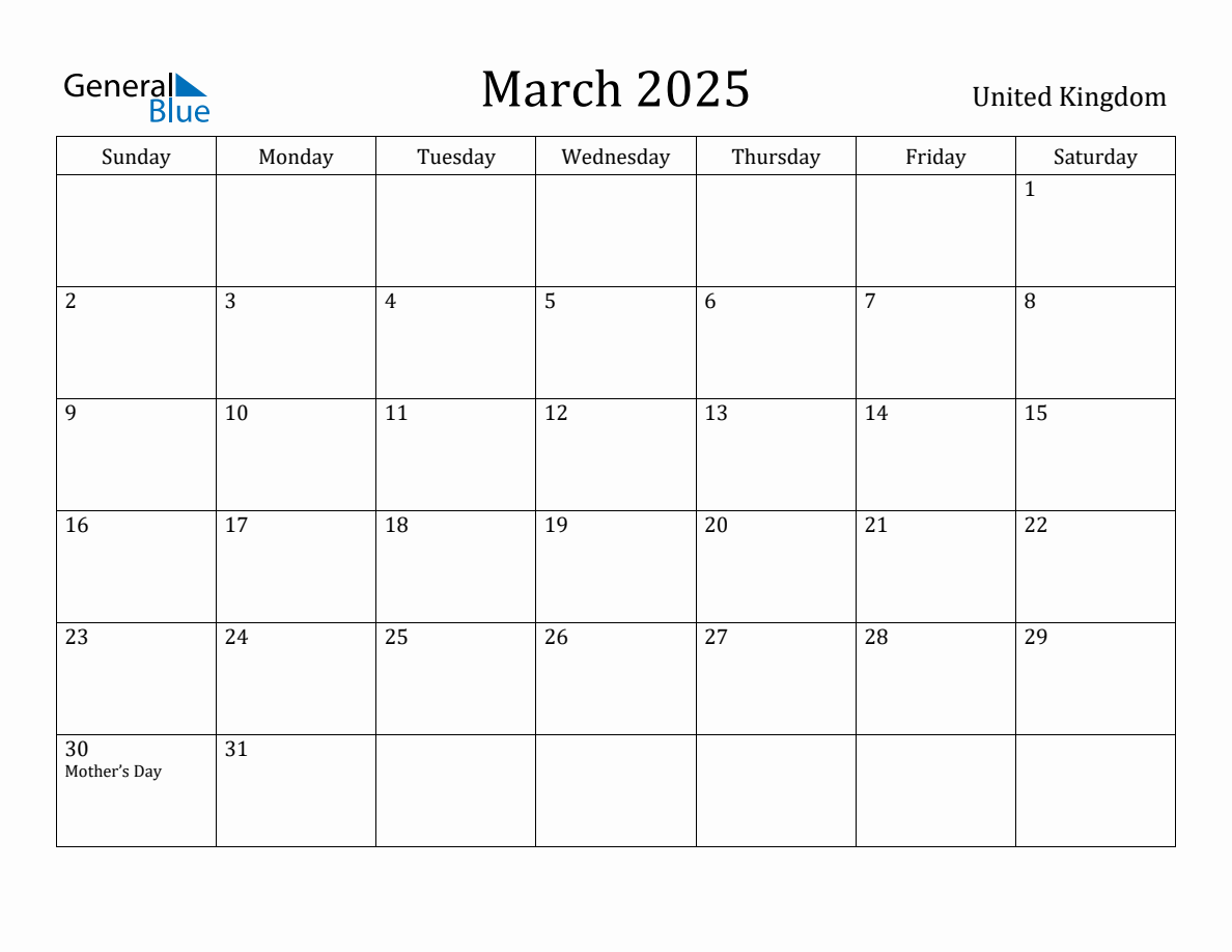 March 2025 Monthly Calendar with United Kingdom Holidays