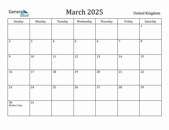 March 2025 Calendar United Kingdom