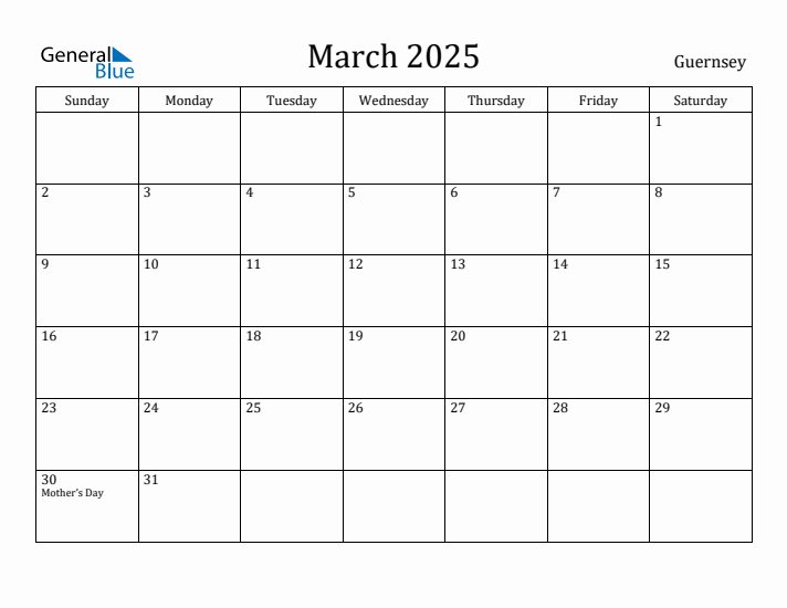 March 2025 Calendar Guernsey