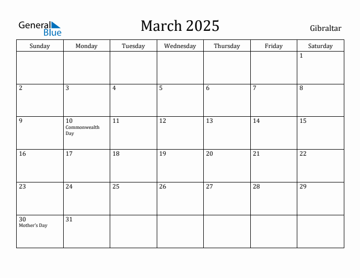 March 2025 Calendar Gibraltar