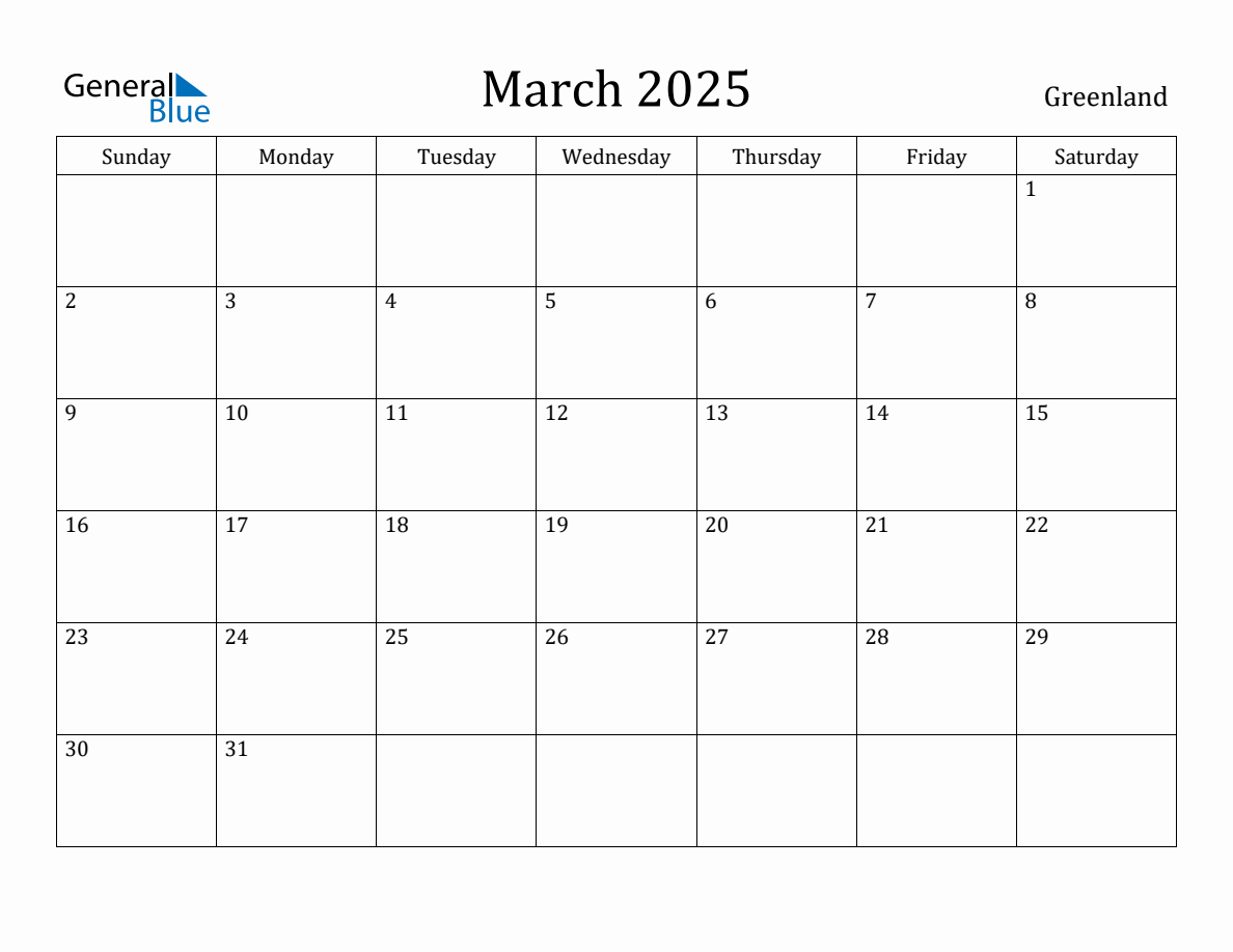 March 2025 Monthly Calendar with Greenland Holidays