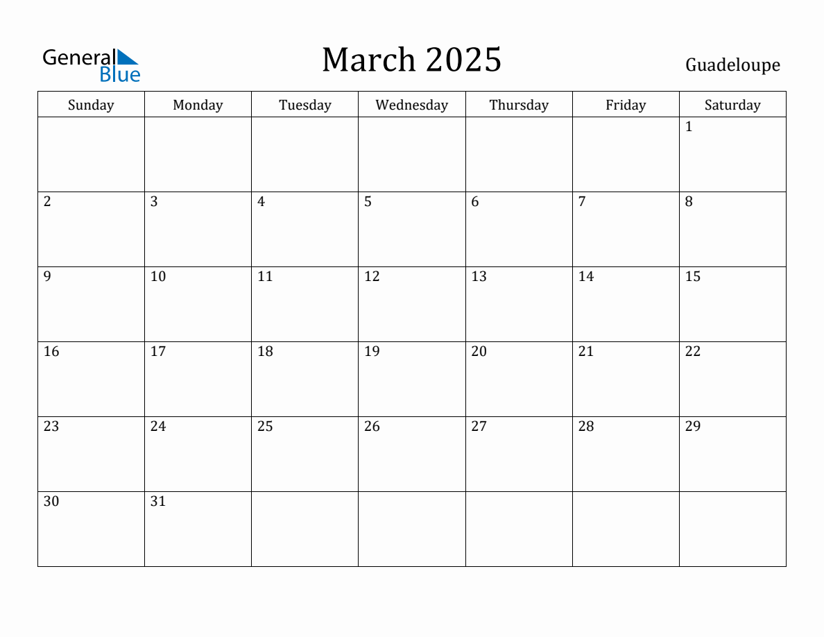 March 2025 Monthly Calendar with Guadeloupe Holidays