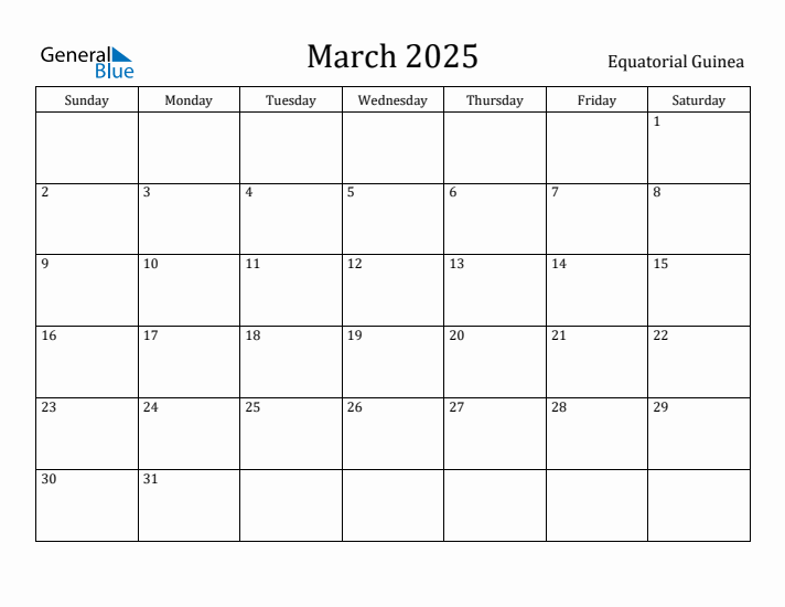 March 2025 Calendar Equatorial Guinea