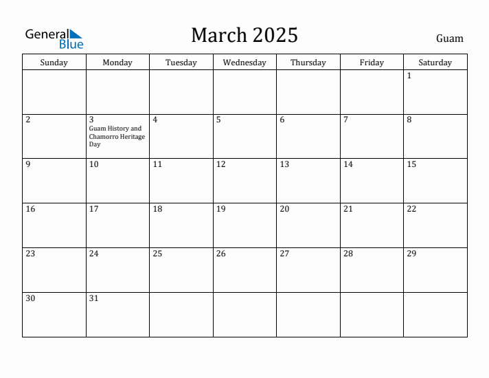 March 2025 Calendar with Guam Holidays