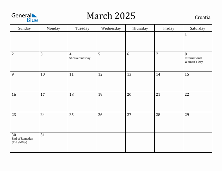 March 2025 Calendar Croatia