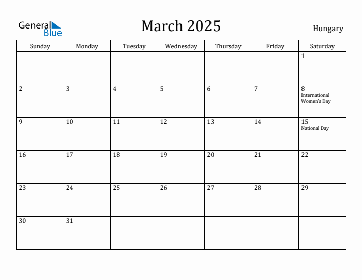 March 2025 Calendar Hungary