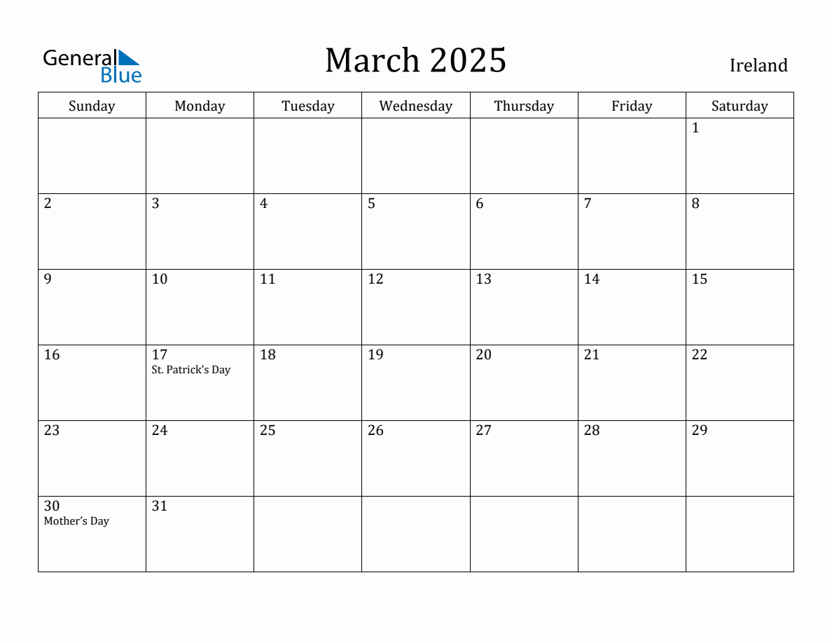 March 2025 Monthly Calendar with Ireland Holidays