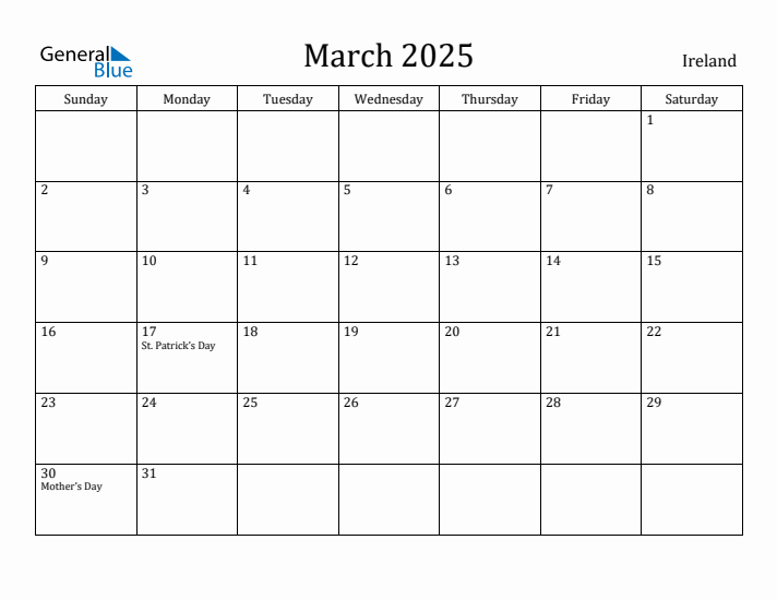 March 2025 Calendar Ireland