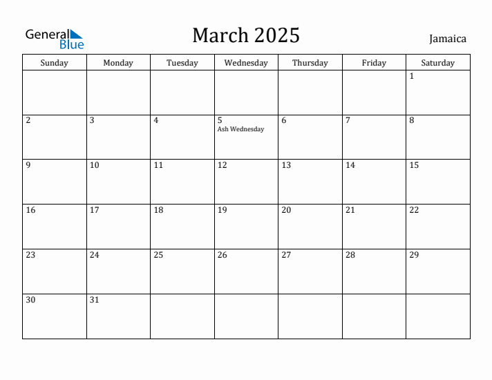March 2025 Monthly Calendar with Jamaica Holidays