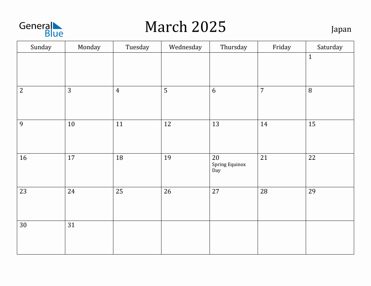 March 2025 Monthly Calendar with Japan Holidays