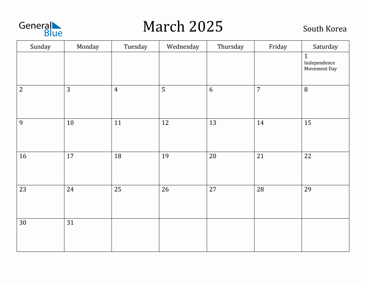 March 2025 Monthly Calendar with South Korea Holidays