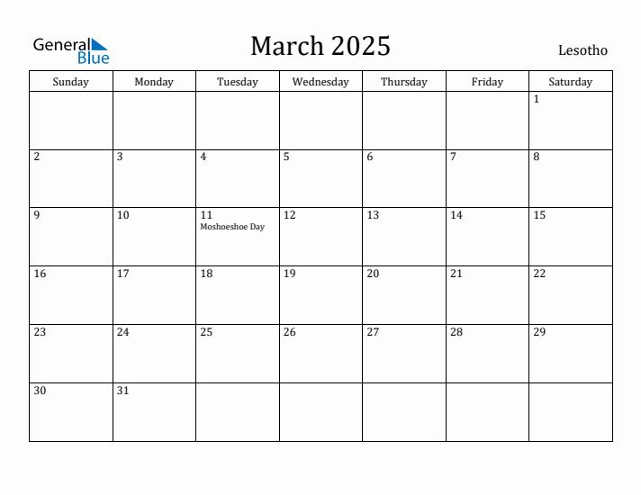 March 2025 Calendar Lesotho