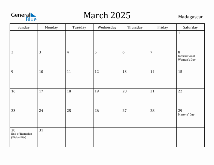 March 2025 Calendar Madagascar