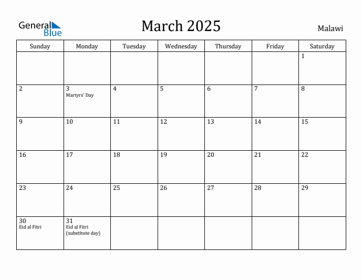 March 2025 Calendar Malawi
