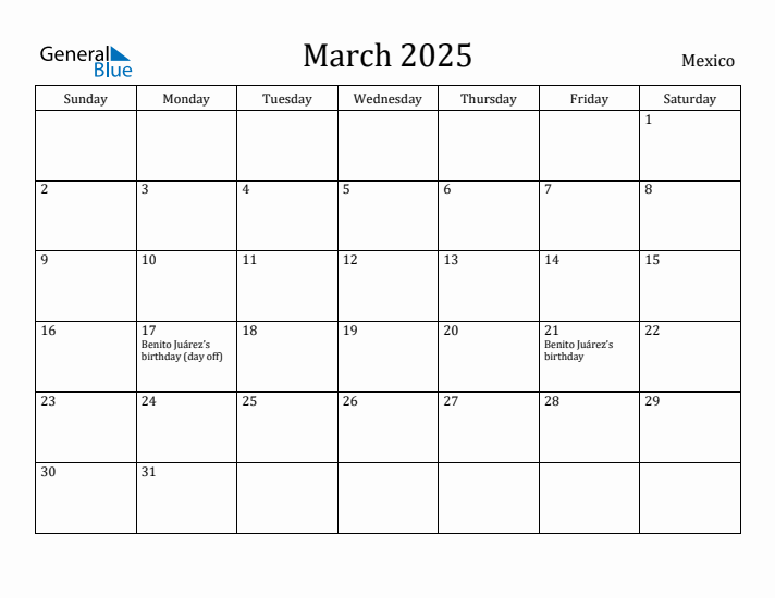 March 2025 Calendar Mexico