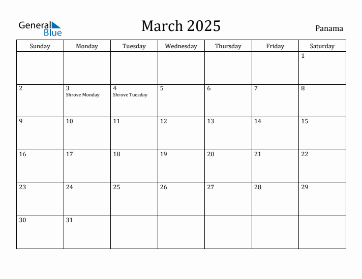 March 2025 Calendar Panama