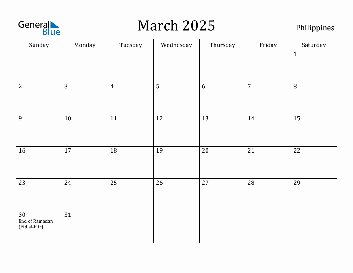 March 2025 Monthly Calendar with Philippines Holidays