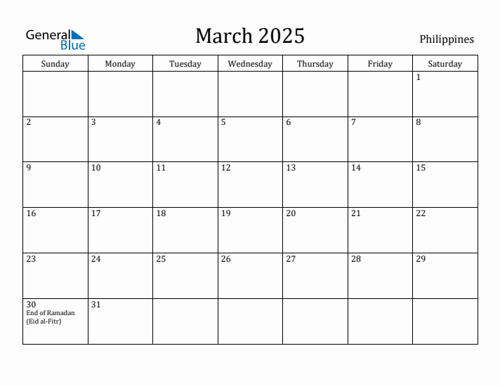 March 2025 Monthly Calendar with Philippines Holidays