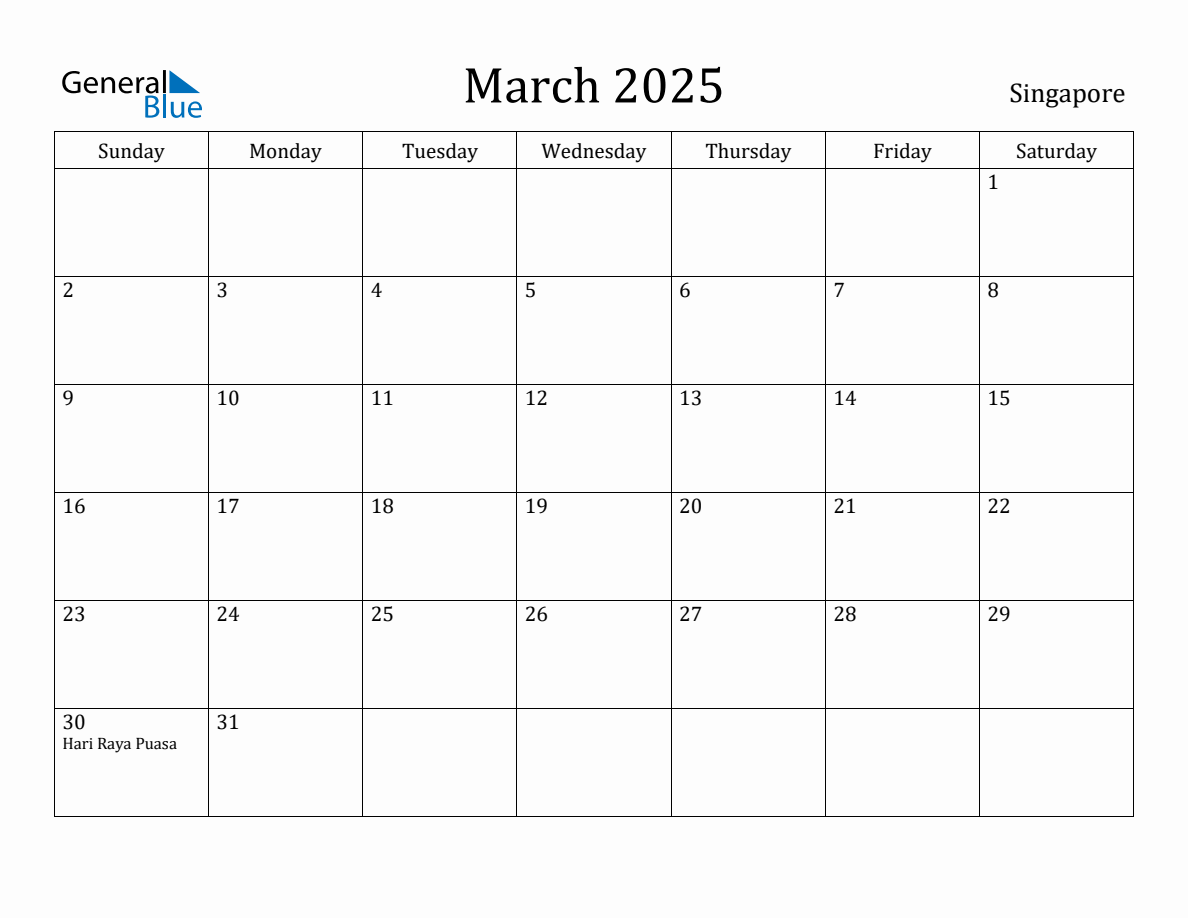 March 2025 Monthly Calendar with Singapore Holidays