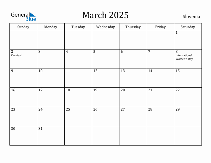 March 2025 Calendar Slovenia