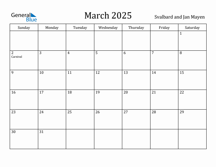 March 2025 Calendar Svalbard and Jan Mayen