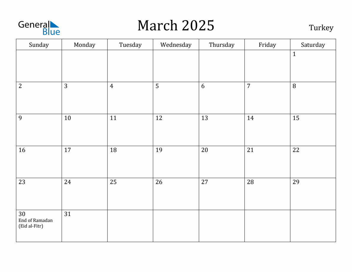 March 2025 Monthly Calendar with Turkey Holidays