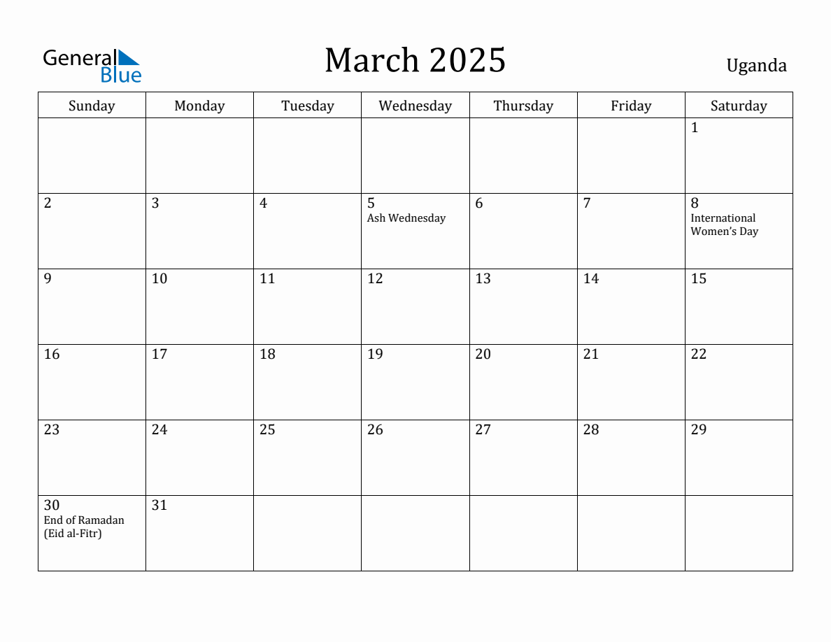 March 2025 Monthly Calendar with Uganda Holidays