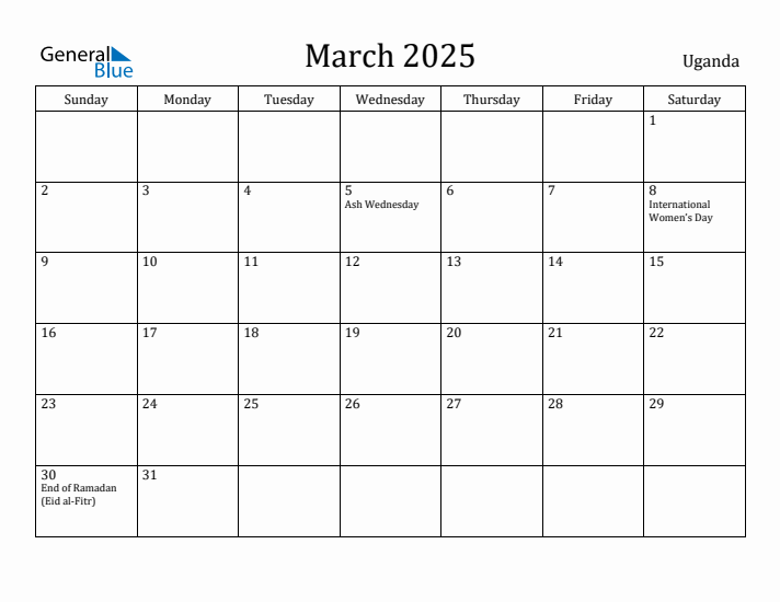 March 2025 Calendar Uganda