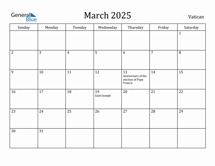 March 2025 Calendar Vatican