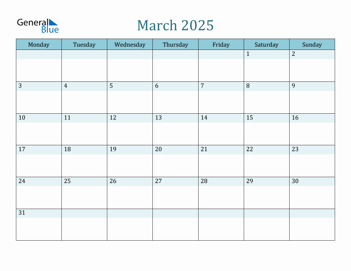 March 2025 Monthly Calendar Template (Monday Start)