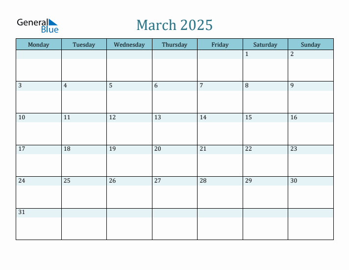 March 2025 Monthly Calendar Template (Monday Start)