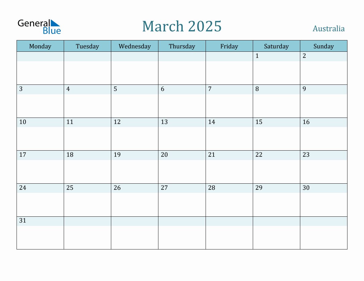 Australia Holiday Calendar for March 2025