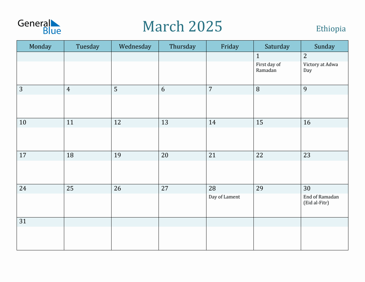 Ethiopia Holiday Calendar for March 2025