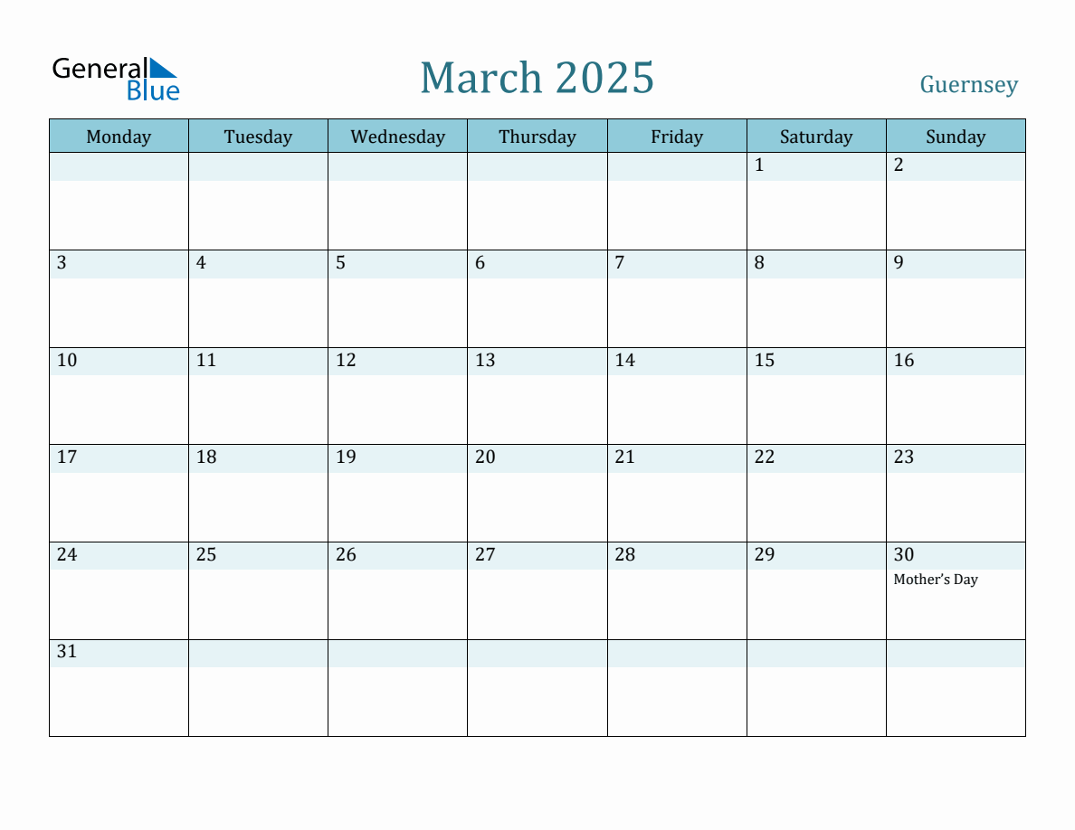 Guernsey Holiday Calendar for March 2025