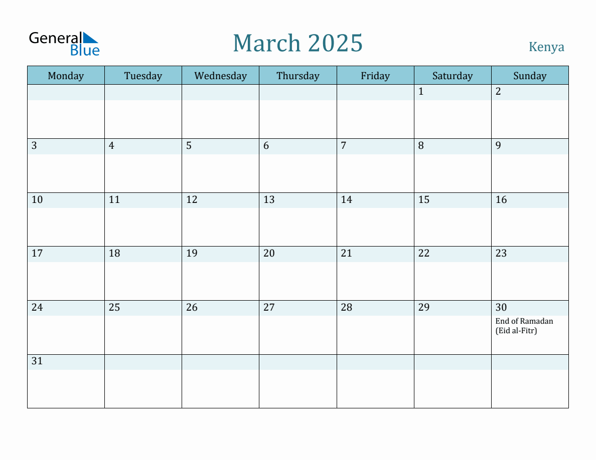 Kenya Holiday Calendar for March 2025