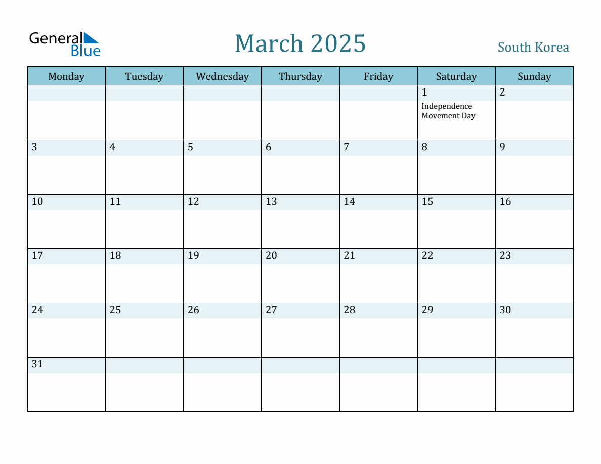 South Korea Holiday Calendar for March 2025