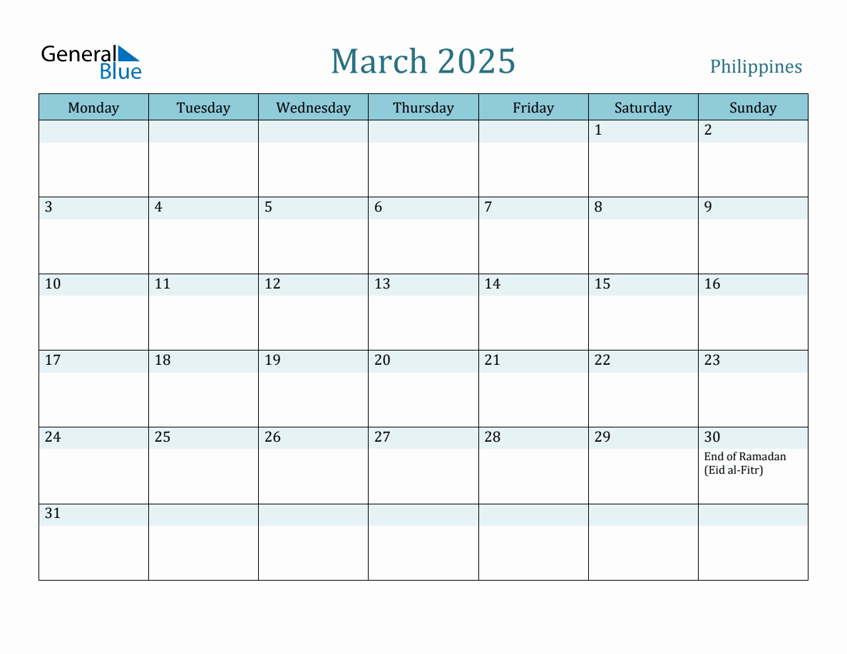 Philippines Holiday Calendar for March 2025