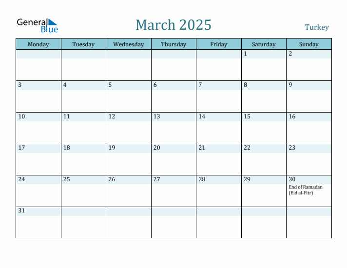 Turkey Holiday Calendar for March 2025