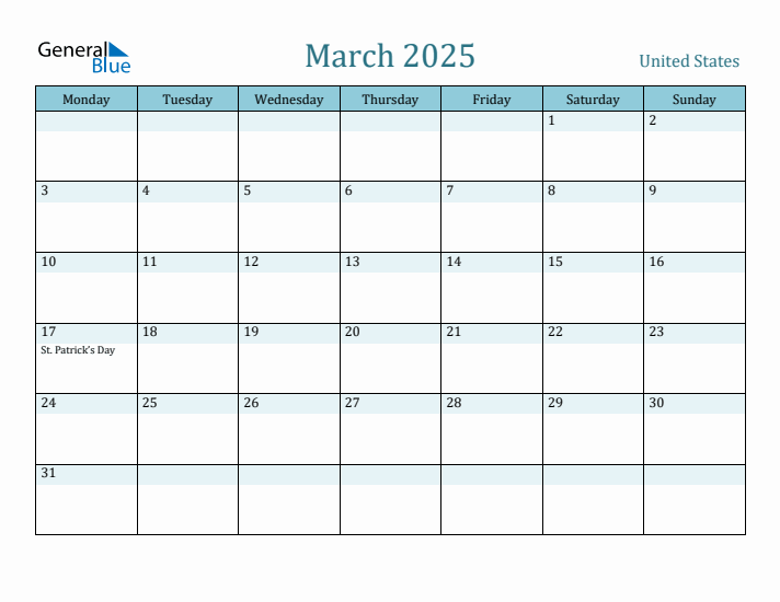 March 2025 - United States Monthly Calendar with Holidays