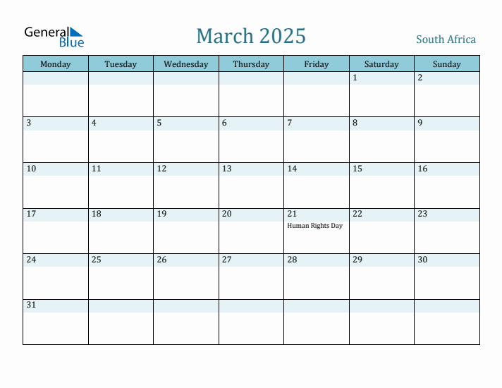 March 2025 South Africa Monthly Calendar with Holidays