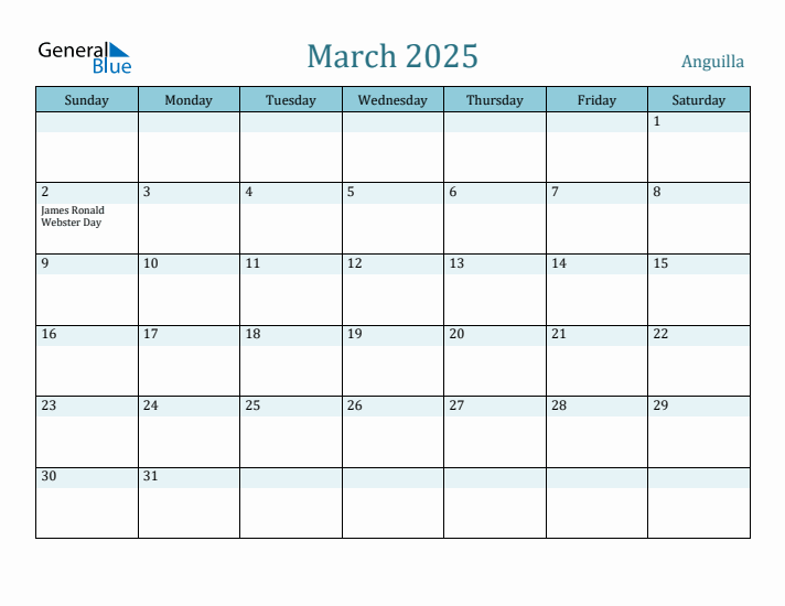 March 2025 Monthly Calendar with Anguilla Holidays